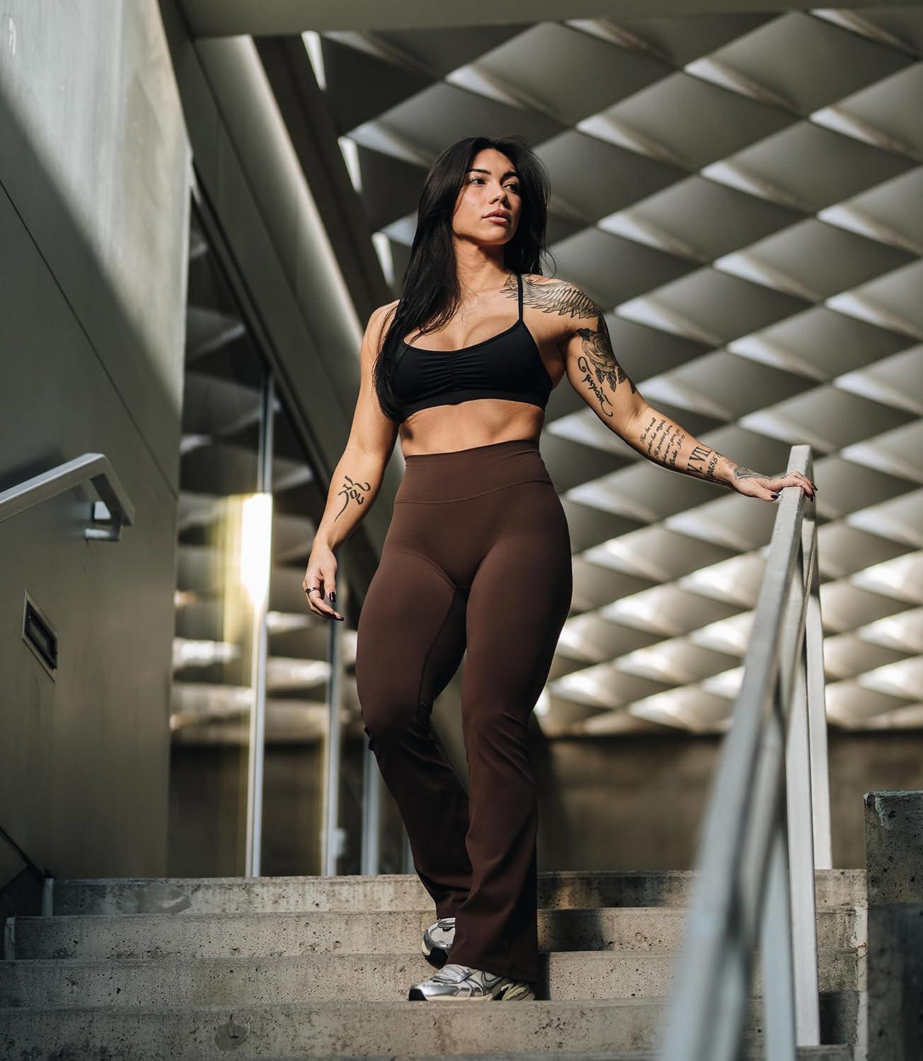 imageGymreapers High Waisted Flare Leggings for Women Stretchy Workout Bootcut Gym Leggings Tummy Control Wide Leg Yoga PantsBrown