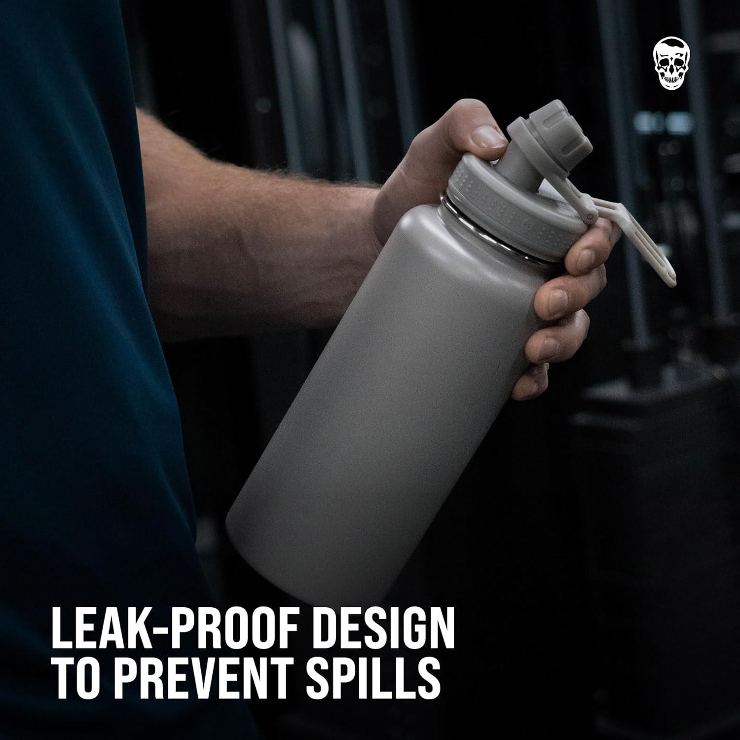 imageGymreapers Insulated Water Bottle Stainless Steel 32 Oz 3 lids Straw Chug Canteen Double Walled Vacuum Insulation Thermo Mug Cold Hot Durable Powder Coated Finish BlackGlacier