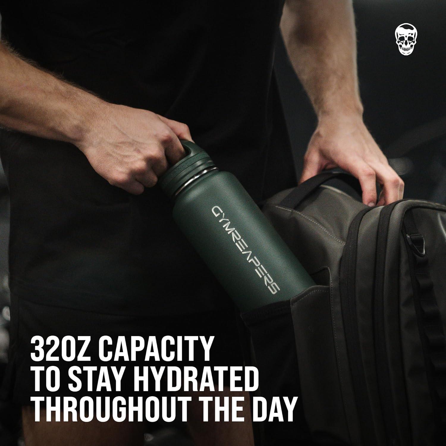 imageGymreapers Insulated Water Bottle Stainless Steel 32 Oz 3 lids Straw Chug Canteen Double Walled Vacuum Insulation Thermo Mug Cold Hot Durable Powder Coated Finish BlackGlacier