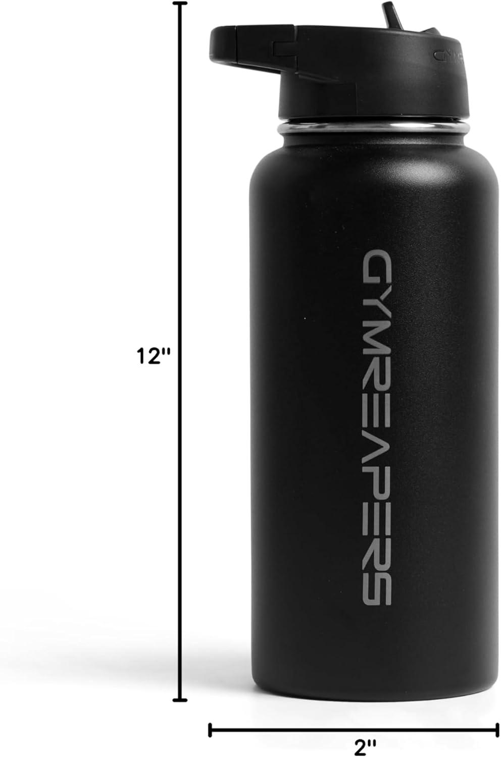 imageGymreapers Insulated Water Bottle Stainless Steel 32 Oz 3 lids Straw Chug Canteen Double Walled Vacuum Insulation Thermo Mug Cold Hot Durable Powder Coated Finish BlackBlack