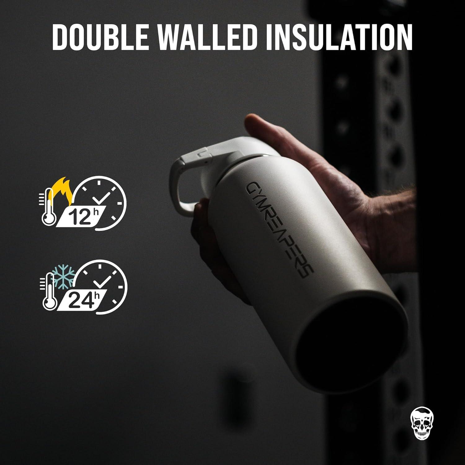 imageGymreapers Insulated Water Bottle Stainless Steel 32 Oz 3 lids Straw Chug Canteen Double Walled Vacuum Insulation Thermo Mug Cold Hot Durable Powder Coated Finish BlackWhite