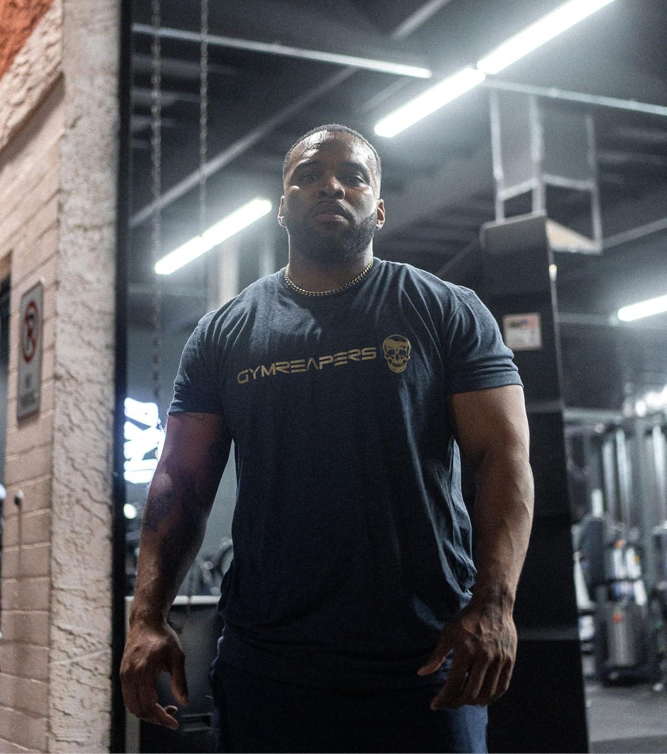 imageGymreapers Moisture Wicking Short Sleeve TShirt for Men Crew Neck Workout Shirts Casual Gym Cotton Everyday TeeNavyGold