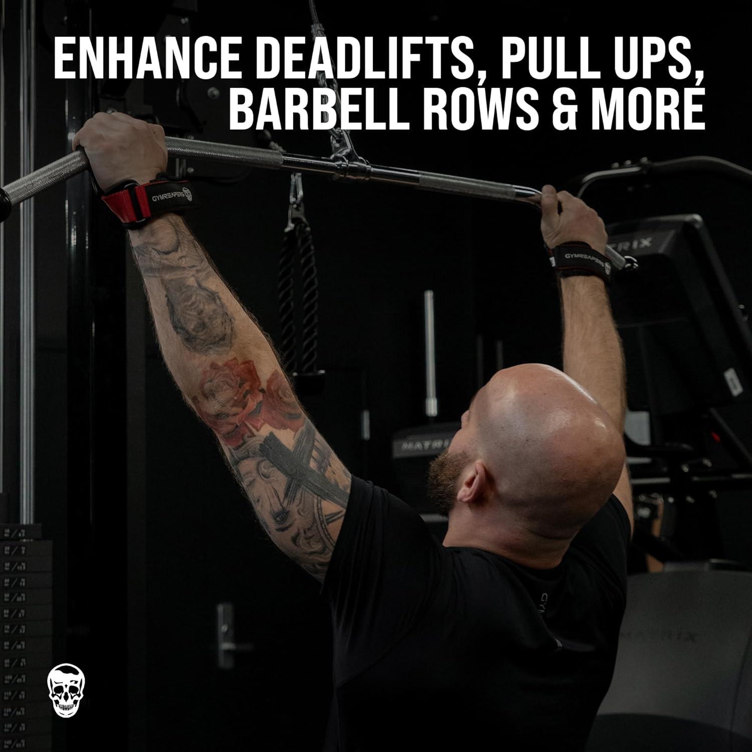 imageGymreapers Weight Lifting Grips Pair for Heavy Powerlifting Deadlifts Rows Pull Ups with Neoprene Padded Wrist Wraps Support and Strong Rubber Gloves or Straps for BodybuildingRed