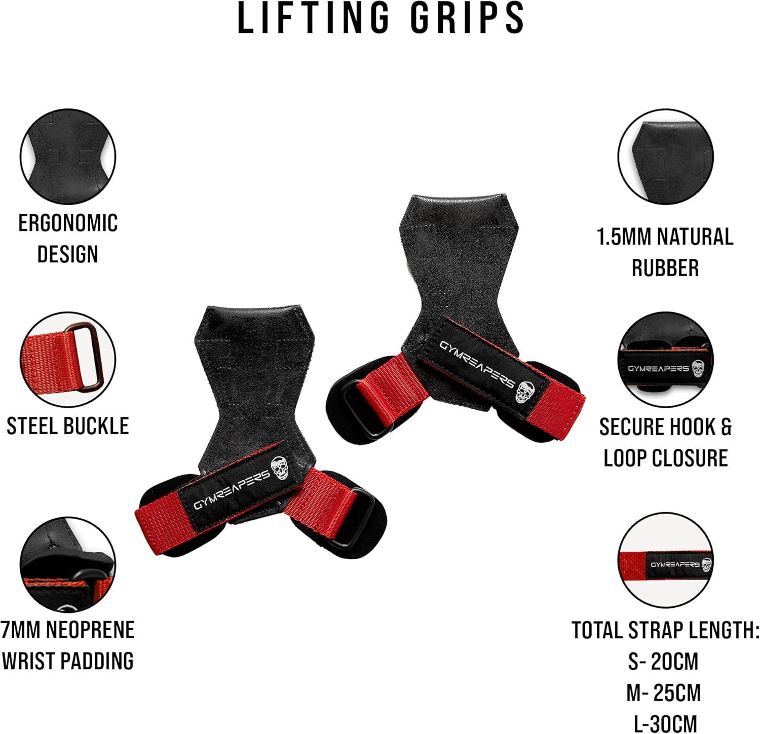 imageGymreapers Weight Lifting Grips Pair for Heavy Powerlifting Deadlifts Rows Pull Ups with Neoprene Padded Wrist Wraps Support and Strong Rubber Gloves or Straps for BodybuildingRed