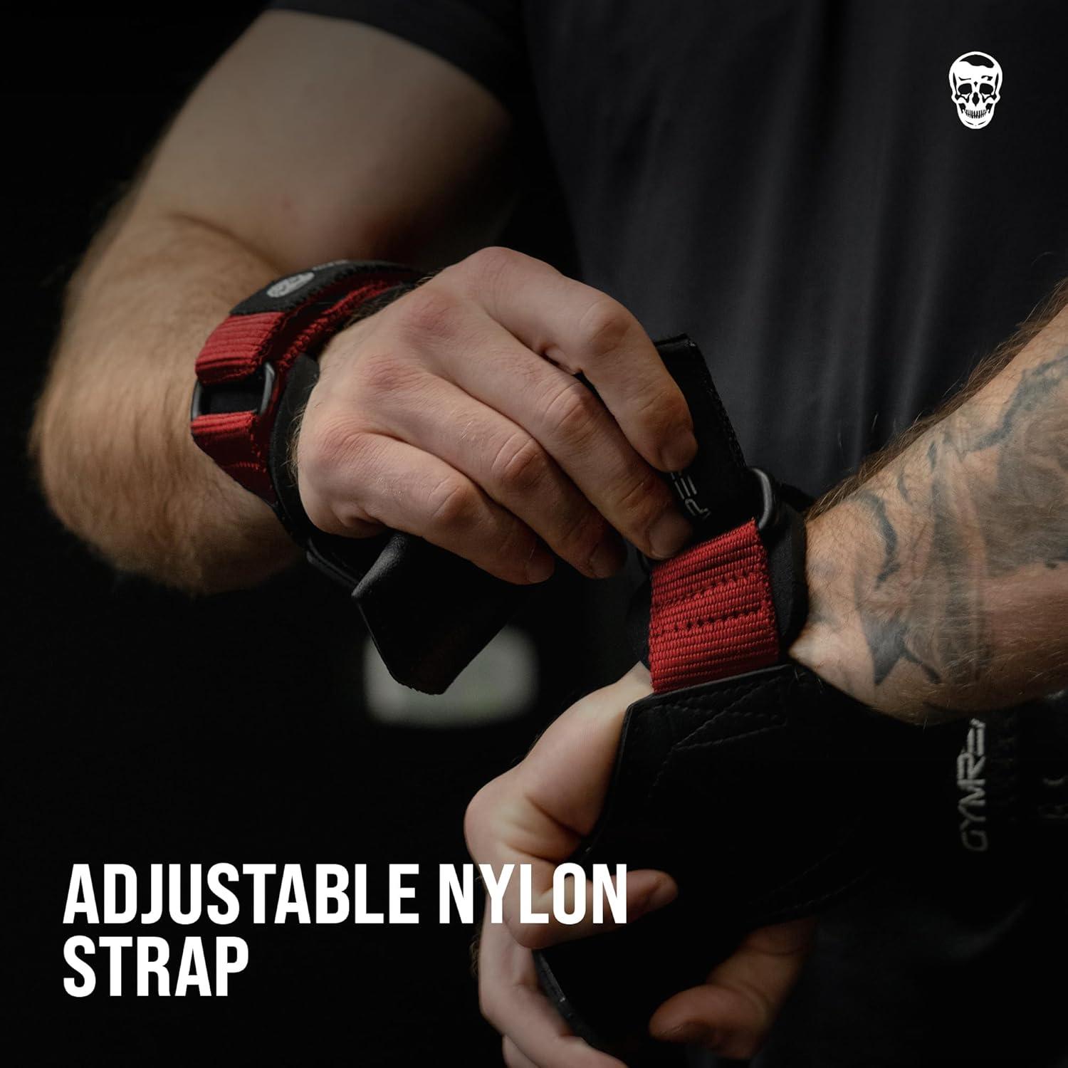 imageGymreapers Weight Lifting Grips Pair for Heavy Powerlifting Deadlifts Rows Pull Ups with Neoprene Padded Wrist Wraps Support and Strong Rubber Gloves or Straps for BodybuildingRed