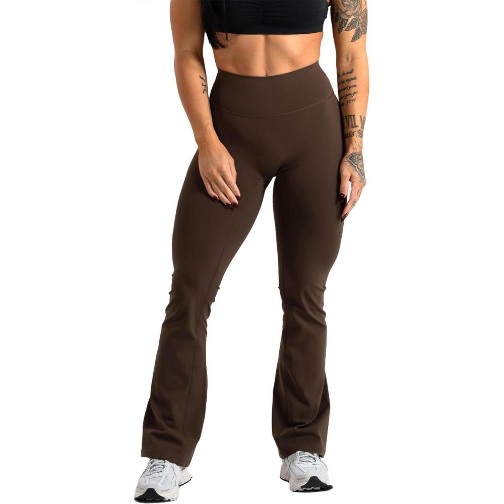 imageGymreapers High Waisted Flare Leggings for Women Stretchy Workout Bootcut Gym Leggings Tummy Control Wide Leg Yoga PantsBrown