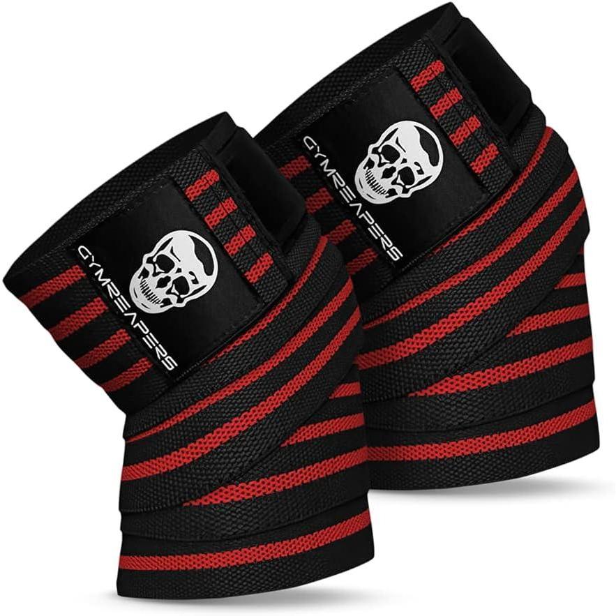 imageGymreapers Knee Wraps for Squats and Powerlifting 72 Inch Compression Wraps with Strap for Men ampamp Women Weightlifting SupportRed