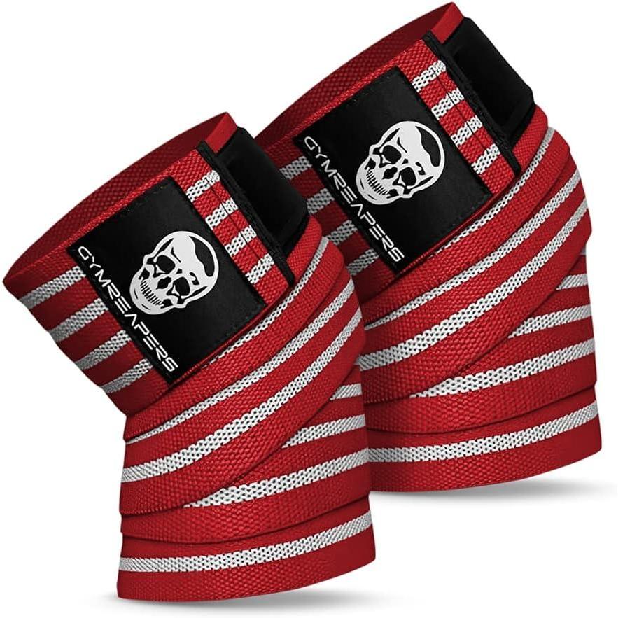 imageGymreapers Knee Wraps for Squats and Powerlifting 72 Inch Compression Wraps with Strap for Men ampamp Women Weightlifting SupportRedWhite