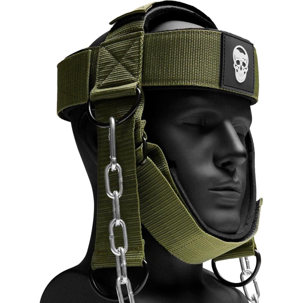 imageGymreapers Neck Harness Weight Lifting Neck Trainer Workout Equipment Heavy Duty Stainless Steel Chain Adjustable Neoprene Head Strap Exercise Equipment for Strength ampamp Pain ReliefOD Green