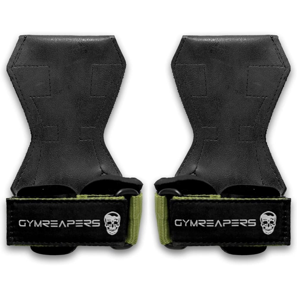 imageGymreapers Weight Lifting Grips Pair for Heavy Powerlifting Deadlifts Rows Pull Ups with Neoprene Padded Wrist Wraps Support and Strong Rubber Gloves or Straps for BodybuildingRanger Green