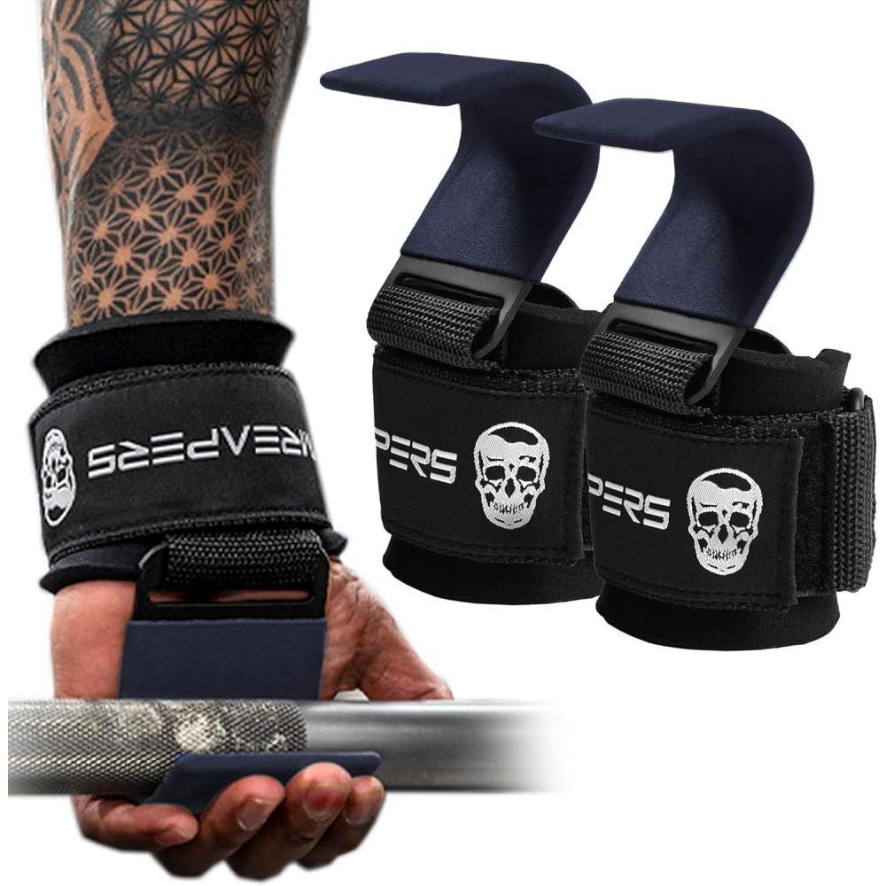imageGymreapers Weight Lifting Hooks Pair Heavy Duty Power Wrist Straps Hand Grip Support For Deadlifts Pull Ups Shrugs  Gym Gloves For Men and WomenNavy