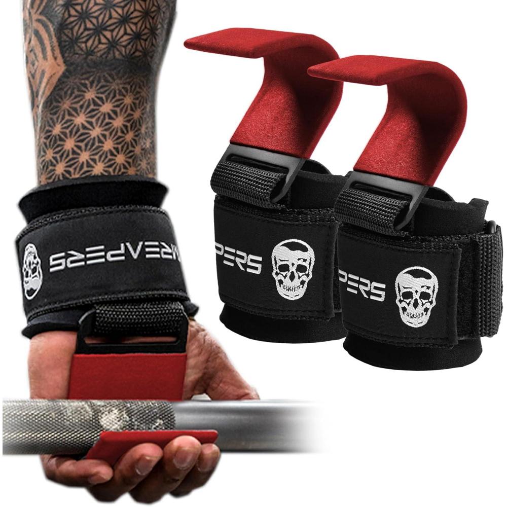 imageGymreapers Weight Lifting Hooks Pair Heavy Duty Power Wrist Straps Hand Grip Support For Deadlifts Pull Ups Shrugs  Gym Gloves For Men and WomenRed