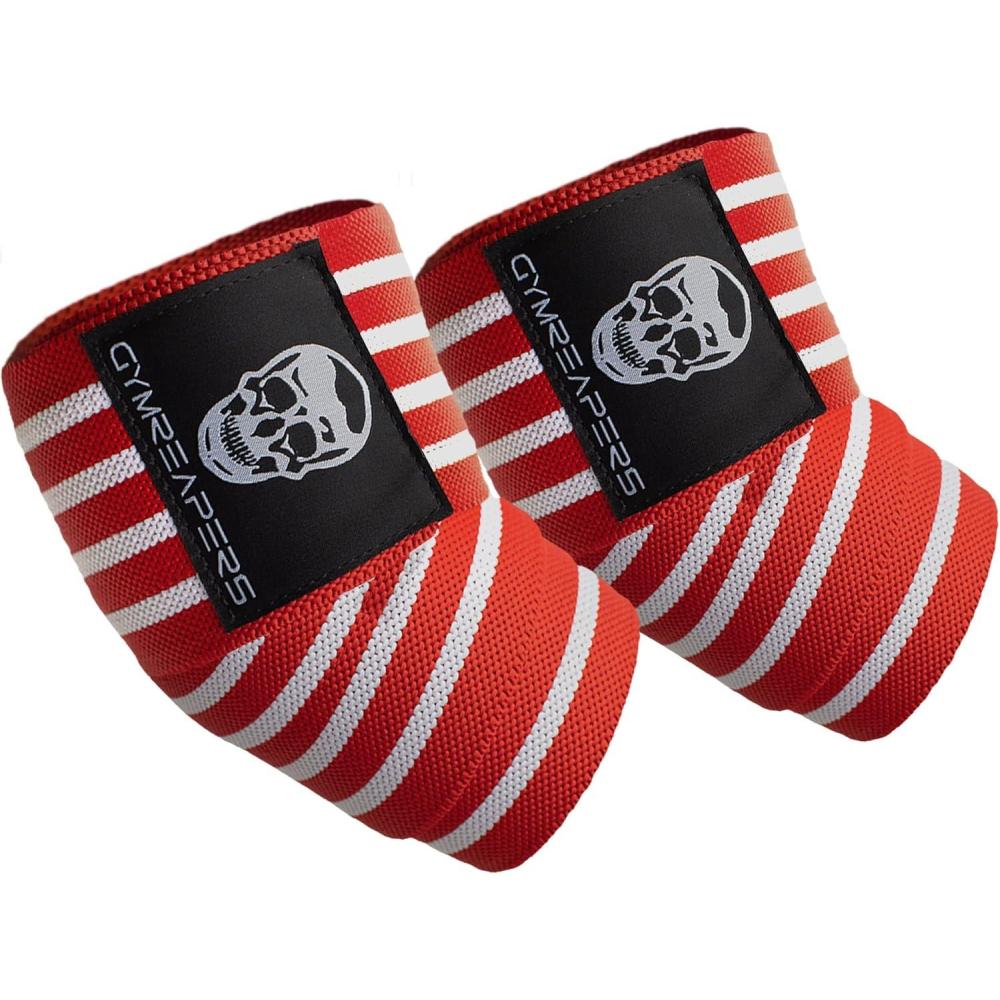 imageGymreapers Weightlifting Elbow Wraps 1 Pair  Flexible 40 Elbow Compression Strap ampamp Joint Support Brace  for Bench Press Powerlifting and PressingRedWhite
