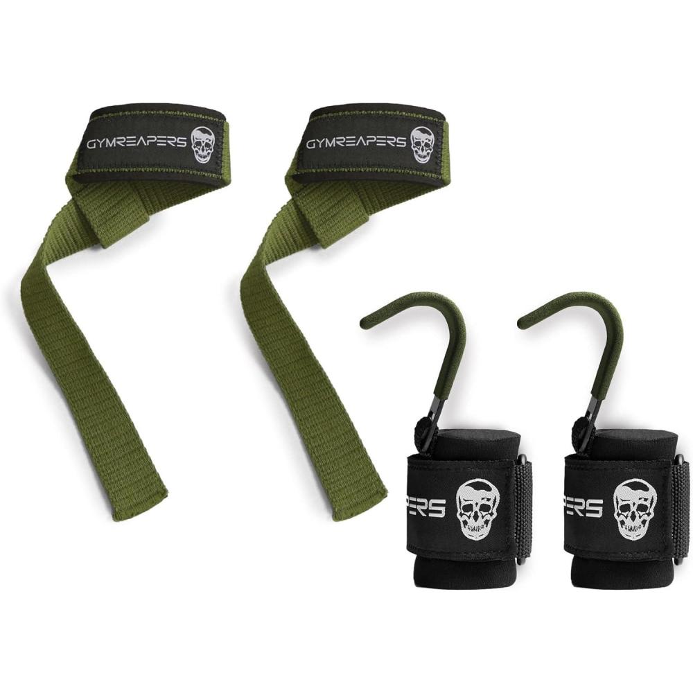 imageGymreapers Lifting Straps ampamp Hooks Bundle Green Premium Grip Support Combo for Deadlifts Pulls Rows ampamp Heavy Lifting