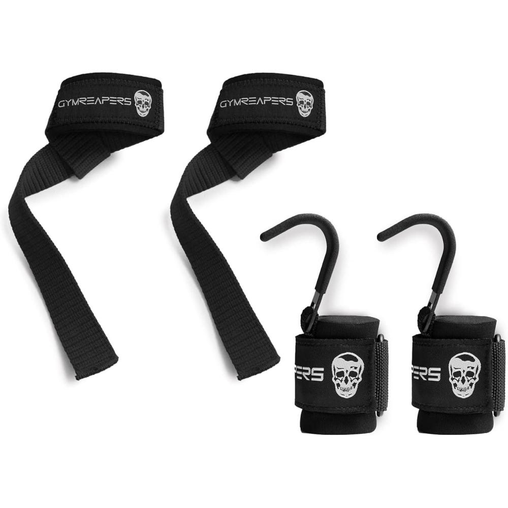 imageGymreapers Lifting Straps ampamp Hooks Bundle Black Premium Grip Support Combo for Deadlifts Pulls Rows ampamp Heavy Lifting