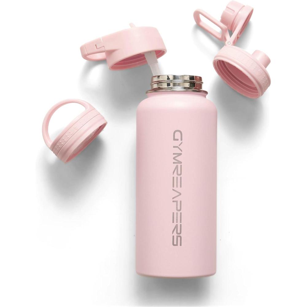 imageGymreapers Insulated Water Bottle Stainless Steel 32 Oz 3 lids Straw Chug Canteen Double Walled Vacuum Insulation Thermo Mug Cold Hot Durable Powder Coated FinishPink