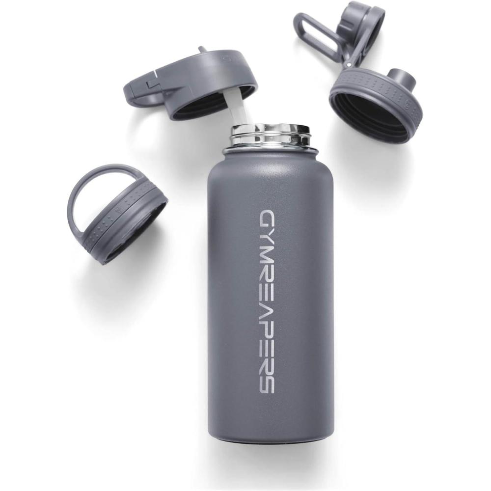 imageGymreapers Insulated Water Bottle Stainless Steel 32 Oz 3 lids Straw Chug Canteen Double Walled Vacuum Insulation Thermo Mug Cold Hot Durable Powder Coated FinishFaded Blue