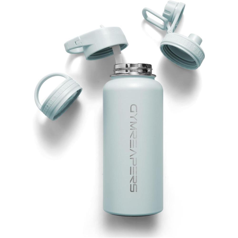 imageGymreapers Insulated Water Bottle Stainless Steel 32 Oz 3 lids Straw Chug Canteen Double Walled Vacuum Insulation Thermo Mug Cold Hot Durable Powder Coated FinishGlacier