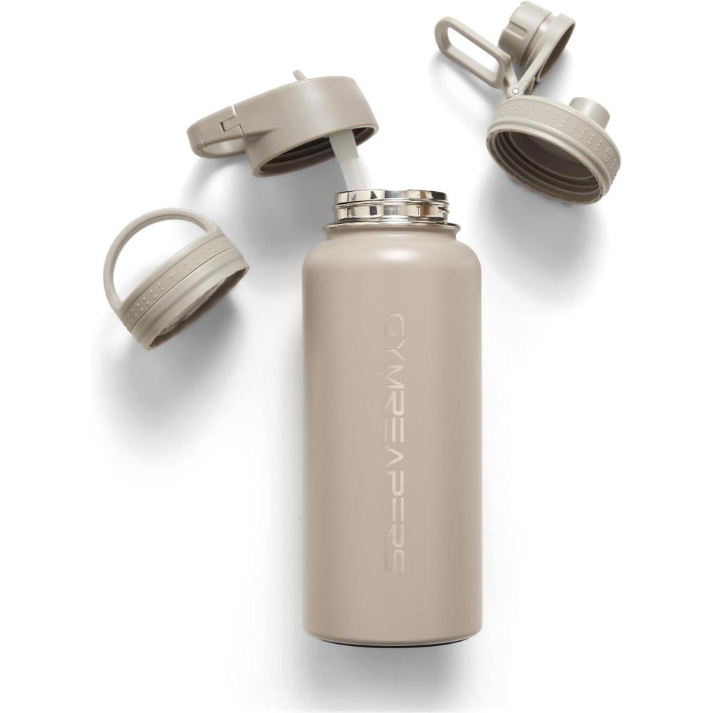 imageGymreapers Insulated Water Bottle  Stainless Steel 32 Oz 3 lids Straw Chug Canteen Double Walled Vacuum Insulation Thermo Mug Cold Hot  Durable Powder Coated FinishQuicksand