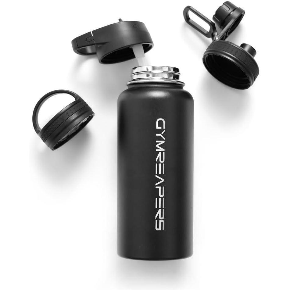 imageGymreapers Insulated Water Bottle Stainless Steel 32 Oz 3 lids Straw Chug Canteen Double Walled Vacuum Insulation Thermo Mug Cold Hot Durable Powder Coated FinishBlack
