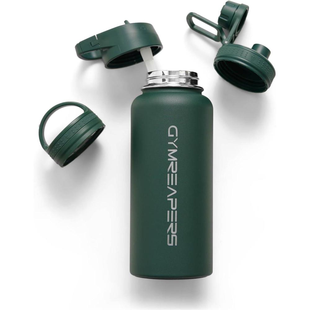 imageGymreapers Insulated Water Bottle  Stainless Steel 32 Oz 3 lids Straw Chug Canteen Double Walled Vacuum Insulation Thermo Mug Cold Hot  Durable Powder Coated FinishBalboa