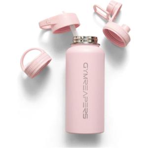 Gymreapers Insulated Water Bottle – Stainless Steel 32 Oz, 3 lids (Straw, Chug, Canteen), Double Walled Vacuum Insulation, Thermo Mug Cold Hot – Durable Powder Coated Finish(Pink)