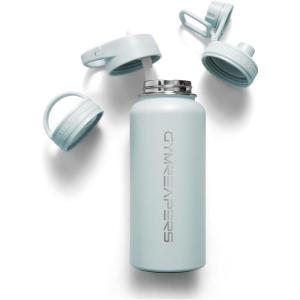 Gymreapers Insulated Water Bottle – Stainless Steel 32 Oz, 3 lids (Straw, Chug, Canteen), Double Walled Vacuum Insulation, Thermo Mug Cold Hot – Durable Powder Coated Finish(Glacier)