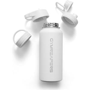 Gymreapers Insulated Water Bottle – Stainless Steel 32 Oz, 3 lids (Straw, Chug, Canteen), Double Walled Vacuum Insulation, Thermo Mug Cold Hot – Durable Powder Coated Finish(White)