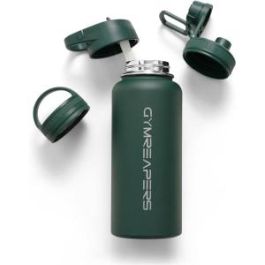 Gymreapers Insulated Water Bottle – Stainless Steel 32 Oz, 3 lids (Straw, Chug, Canteen), Double Walled Vacuum Insulation, Thermo Mug Cold Hot – Durable Powder Coated Finish(Balboa)