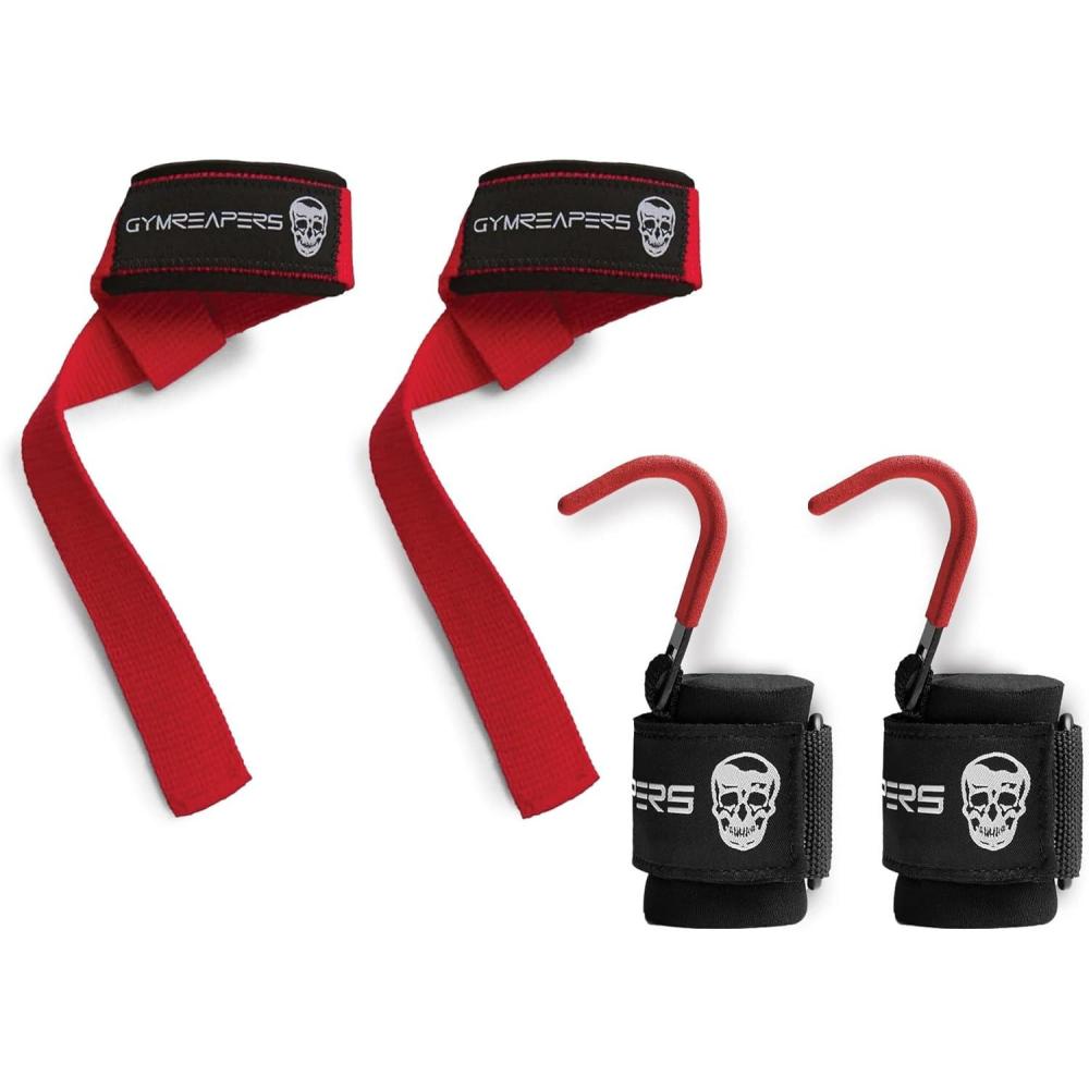 imageGymreapers Lifting Straps amp Hooks Bundle Red  Premium Grip Support Combo for Deadlifts Pulls Rows amp Heavy Lifting