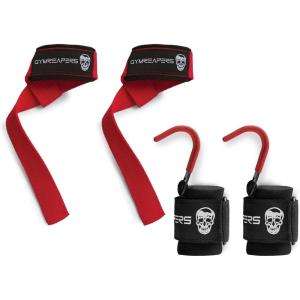 Gymreapers Lifting Straps & Hooks Bundle (Red) – Premium Grip Support Combo for Deadlifts, Pulls, Rows & Heavy Lifting