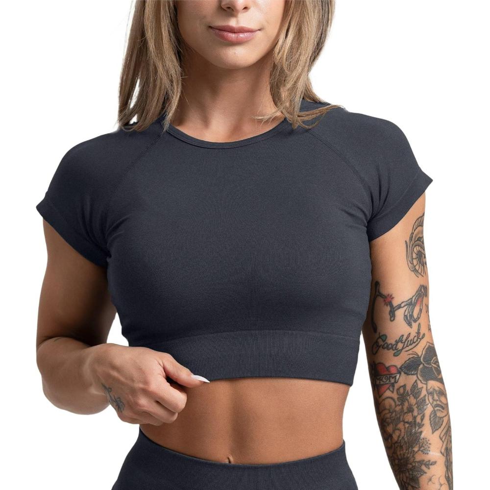 imageGymreapers Short Sleeve Workout Tops for Women  Crop Tops for Women Tee  Yoga Athletic Tops for Running Gym amp TrainingBlack