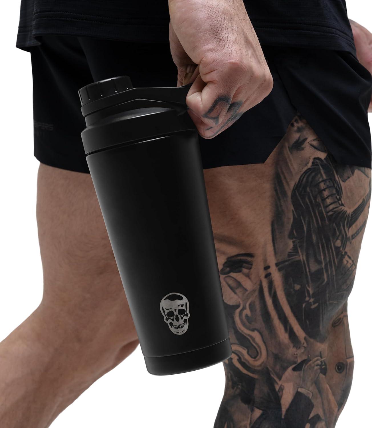 imageGymreapers Stainless Steel Protein Shaker Bottle Double Wall Insulated Leak Proof BPAFree Metal Vacuum Blender Cup For Gym Sports Pre amp PostWorkout Cold Hydration 26 OZ BlackBlack