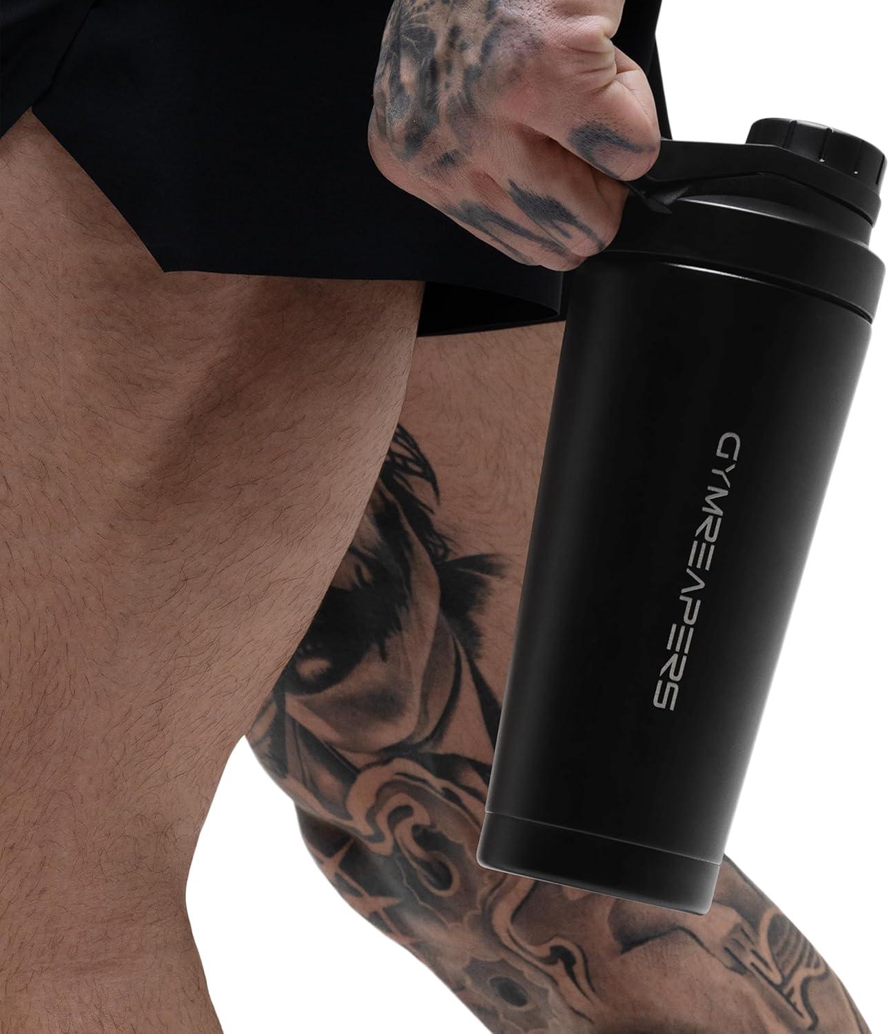imageGymreapers Stainless Steel Protein Shaker Bottle Double Wall Insulated Leak Proof BPAFree Metal Vacuum Blender Cup For Gym Sports Pre amp PostWorkout Cold Hydration 26 OZ BlackBlack