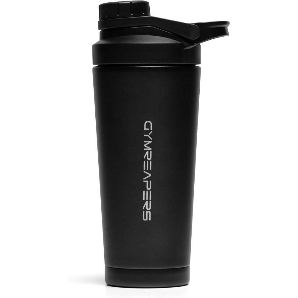 imageGymreapers Stainless Steel Protein Shaker Bottle  Double Wall Insulated Leak Proof BPAFree Metal Vacuum Blender Cup For Gym Sports Pre amp PostWorkout Cold Hydration  26 OZ BlackBlack