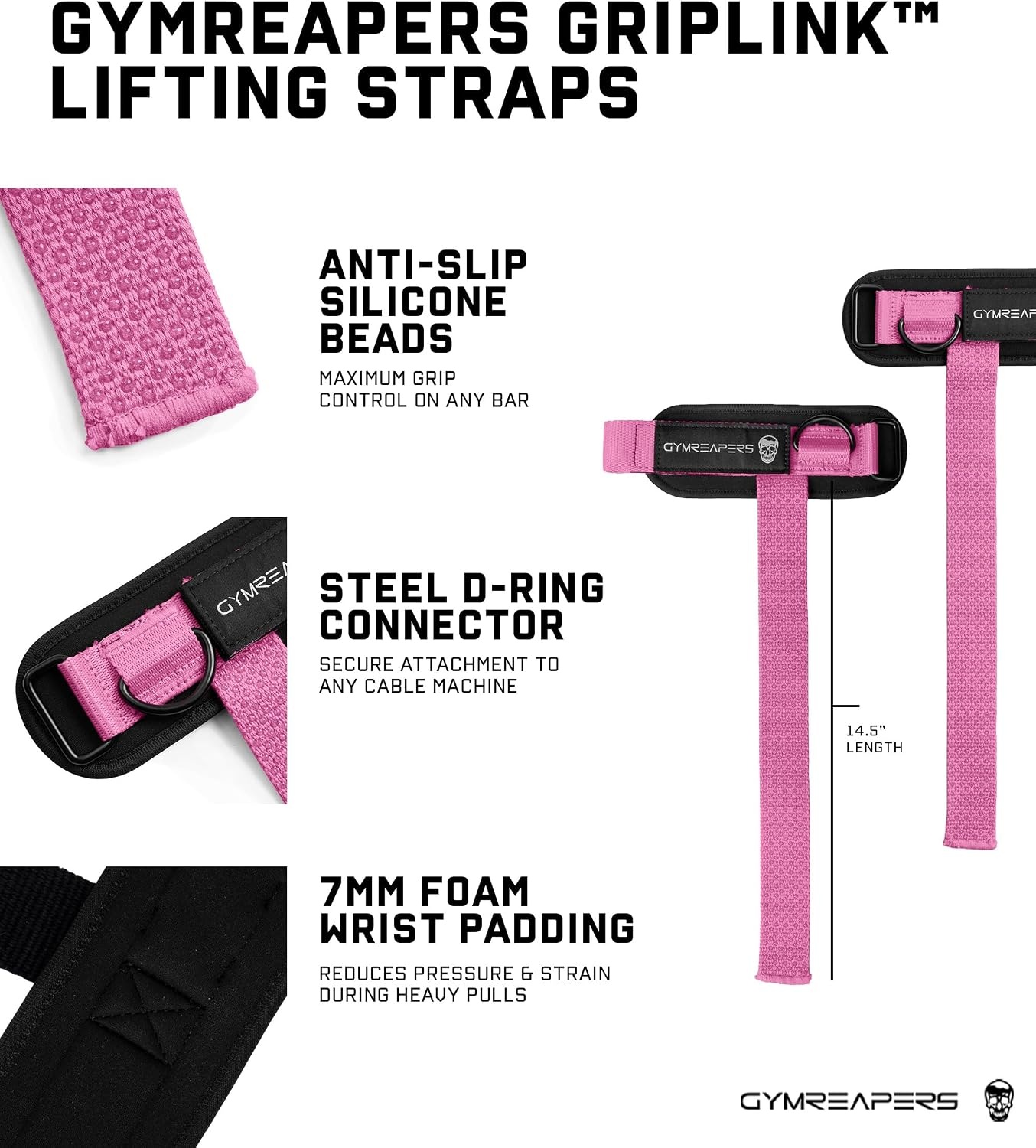 image:imageGymreapers GripLink Lifting Straps Heavy Duty DRing Weight Lifting Wrist Straps with AntiSlip Silicone Grip Beads Adjustable Support for Deadlifts Powerlifting Cable Machines amp Gym TrainingPink