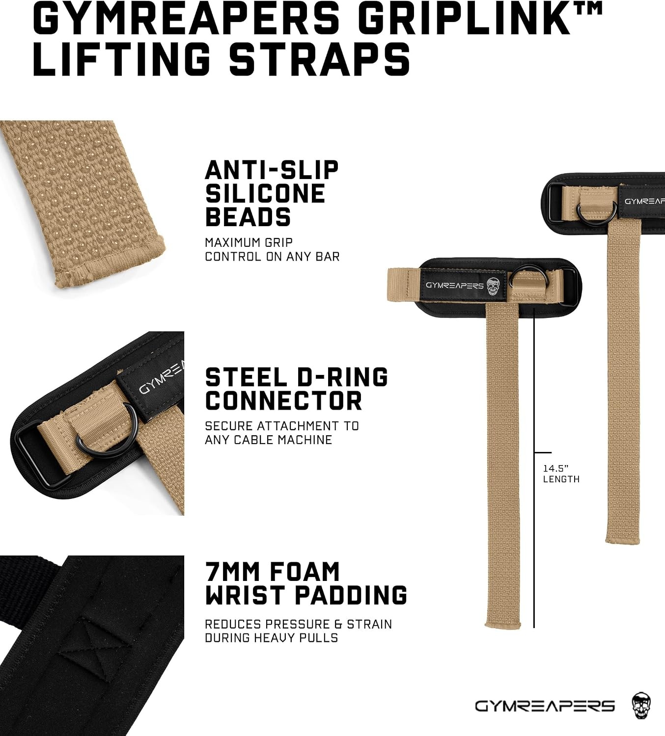 image:imageGymreapers GripLink Lifting Straps Heavy Duty DRing Weight Lifting Wrist Straps with AntiSlip Silicone Grip Beads Adjustable Support for Deadlifts Powerlifting Cable Machines amp Gym TrainingDesert Sand