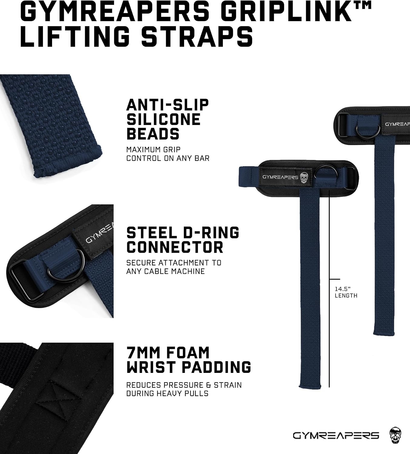 image:imageGymreapers GripLink Lifting Straps Heavy Duty DRing Weight Lifting Wrist Straps with AntiSlip Silicone Grip Beads Adjustable Support for Deadlifts Powerlifting Cable Machines amp Gym TrainingNavy