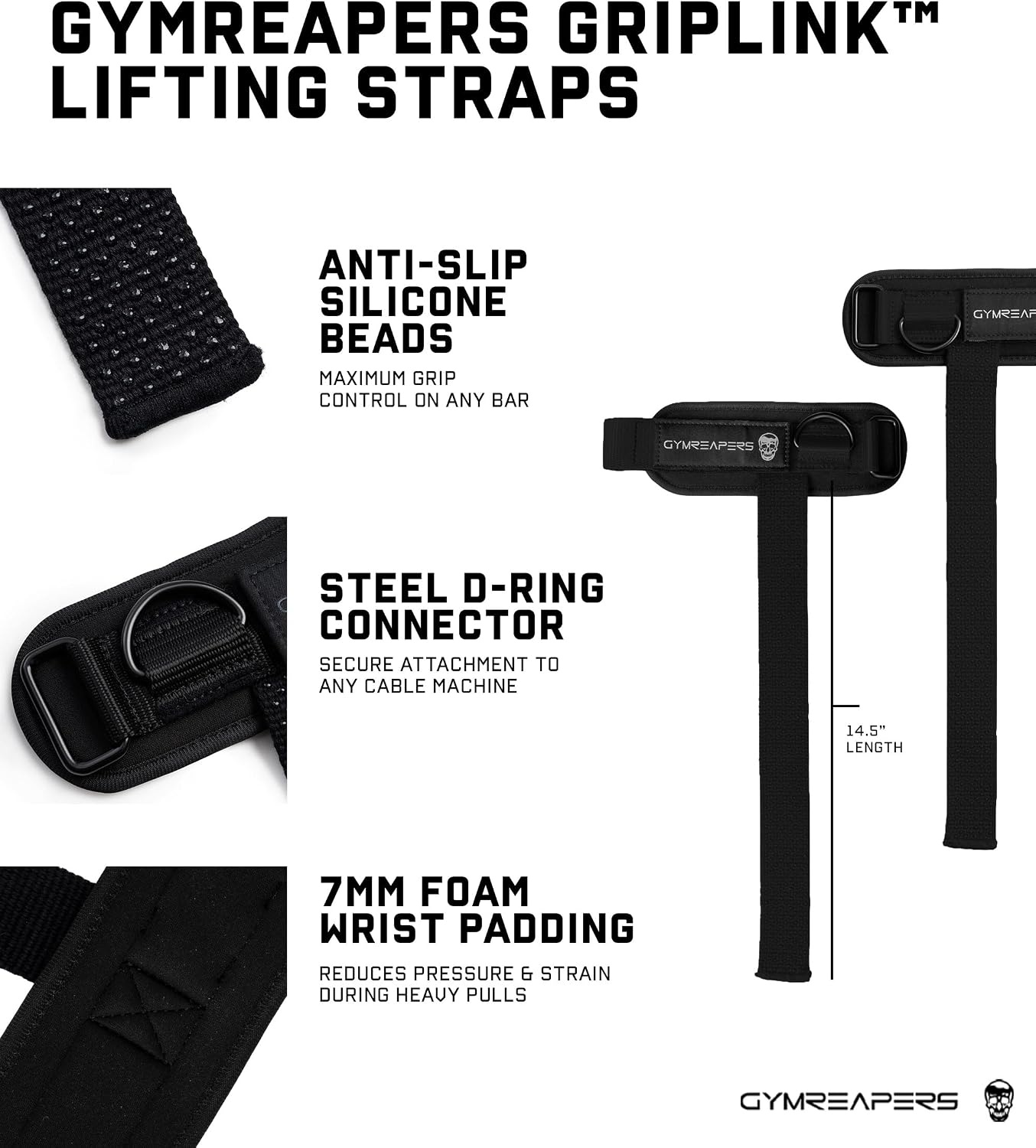 image:imageGymreapers GripLink Lifting Straps Heavy Duty DRing Weight Lifting Wrist Straps with AntiSlip Silicone Grip Beads Adjustable Support for Deadlifts Powerlifting Cable Machines amp Gym TrainingBlackWhite