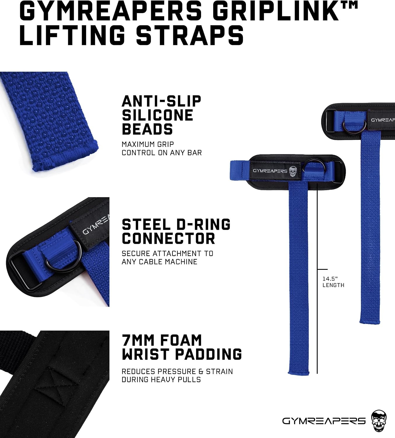 image:imageGymreapers GripLink Lifting Straps Heavy Duty DRing Weight Lifting Wrist Straps with AntiSlip Silicone Grip Beads Adjustable Support for Deadlifts Powerlifting Cable Machines amp Gym TrainingElectric Blue