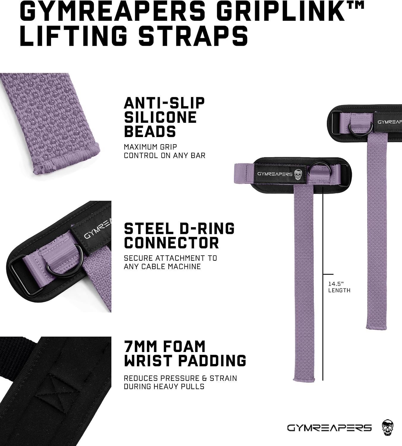 image:imageGymreapers GripLink Lifting Straps Heavy Duty DRing Weight Lifting Wrist Straps with AntiSlip Silicone Grip Beads Adjustable Support for Deadlifts Powerlifting Cable Machines amp Gym TrainingLilac